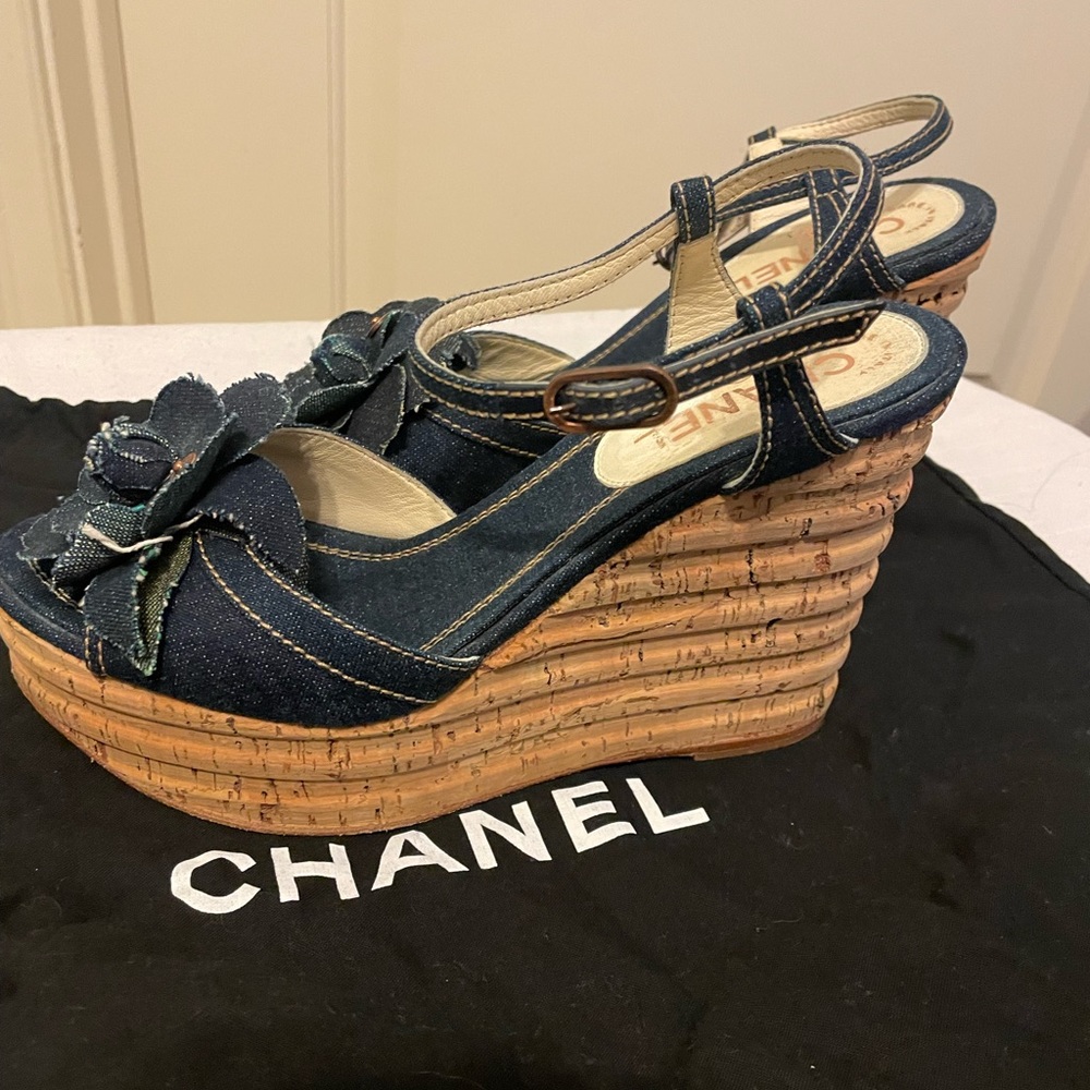 Authentic Chanel Wedge, Jean Material and Flower application, Size 9 1/2